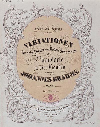 ヨハネス・ブラームス（1833-1897）の「ロベルト・シューマンの主題による変奏曲」（作品23）の正面図 作： German School