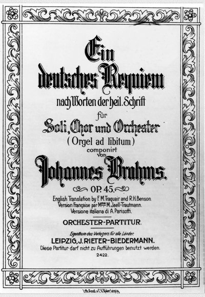 ヨハネス・ブラームス（1833-1897）の「ドイツ・レクイエム」の扉（リトグラフ）。 作： German School