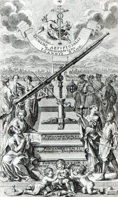 ヨハンザーンによるOculus Artificialis Teledioptricus Sive Telescopiumへの口絵、1702年に発行された第2版 作： German School