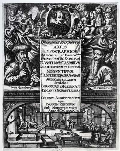 「タイポグラフィの起源と歴史について」への口絵、ベルナルドゥス・マリンクロット著、1634年 作： German School