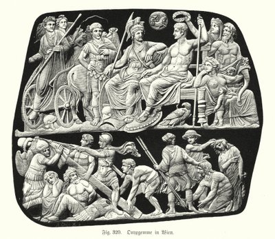 ジェンマ・アウグステア、古代ローマのオニキスのレリーフ・カメオのエングレービングされた宝石（エングレービング 作： German School