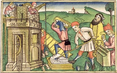 創世記11 1-9ニュルンベルク聖書からのバベルの塔の構築（Biblia Sacra Germanaica）（色の木版画） 作： German School