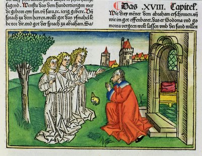 創世記18 2アブラハムと三人の天使、ニュルンベルク聖書（Biblia Sacra Germanaica）（色の木版画） 作： German School