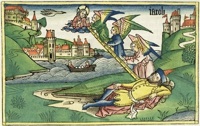 創世記28 10ニュルンベルク聖書からのジェイコブスのはしご（Biblia Sacra Germanaica）（色の木版画） 作： German School