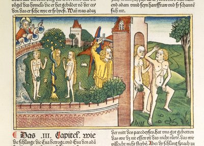 創世記3 1-24誘惑と楽園からの追放、ニュルンベルク聖書（Biblia Sacra Germanaica）（色の木版画） 作： German School