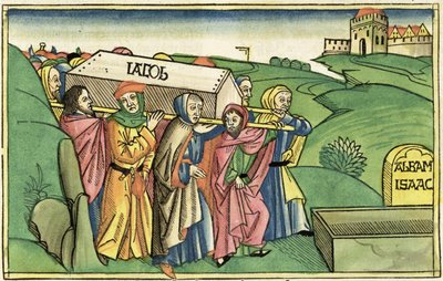 創世記49：28-33ニュルンベルクの聖書にあるジェイコブの埋葬（Biblia Sacra Germanaica）（色の木版画） 作： German School
