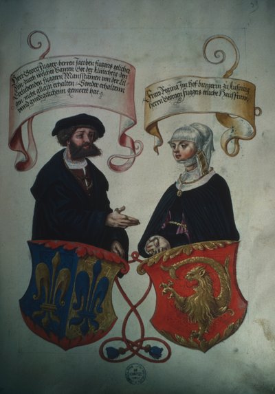 Georg Fuggerと彼の妻Regina Imhoff、Fugger家族の秘密の名誉帳から 作： German School