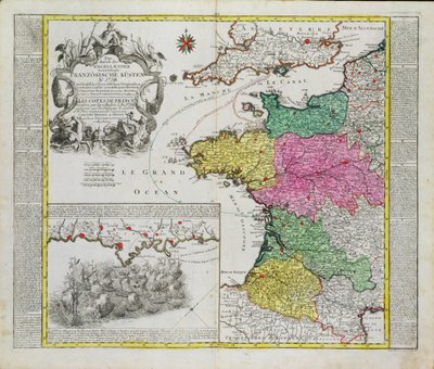 1758年のフランスの港へのイギリスの海軍攻撃を示すドイツの地図 作： German School