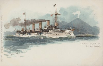 イタリア・ナポリ湾に浮かぶドイツの巡洋艦ゲフィオン（クロモリト 作： German School