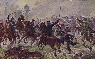 ロングウィでフランス軍の大砲を鹵獲するドイツ軍のフッサール（第一次世界大戦、1914年8月22日）（カラーリトグラフ 作： German School