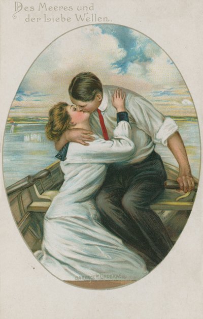ドイツ人男性と女性がボートでキス、1913年9月10日に発送されたポストカード 作： German School