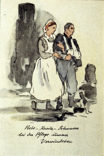 負傷した男性を支えるドイツ人看護師1942. 作： German School