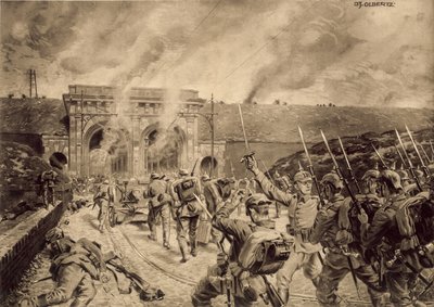 1914年10月12日、リールのポルトドゥドゥエーを攻撃するドイツ軍 作： German School