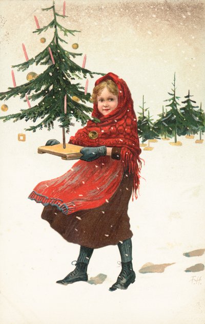 雪の中で小さなクリスマスツリーを運ぶ少女 作： German School