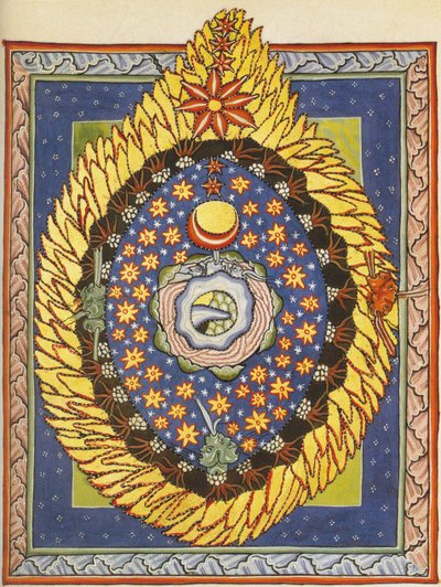 神と宇宙と人類。 ヒルデガルト・オブ・ビンゲン作「Liber Scivias」のミニチュア、1175年頃（羊皮紙に水彩） 作： German School