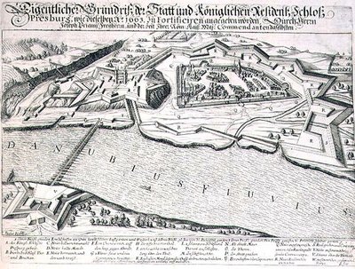 1663年のプレスブルグの町と城の平面図とその要塞化、オスマン帝国のヨーロッパ遠征に関する本の挿絵、Paul Furst (c.1605-66) (エングレーヴィング) 作： German School