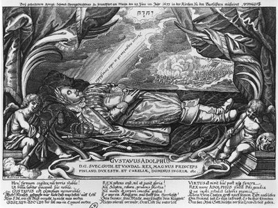 グスタフアドルフ2世（1594〜1632年）スウェーデンの王、死の床、1633年 作： German School