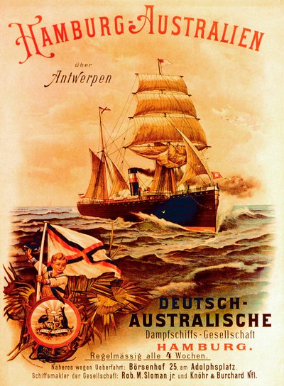 ハンブルク-オーストラリア、ドイツオーストラリア汽船会社の宣伝ポスター、1889年 作： German School