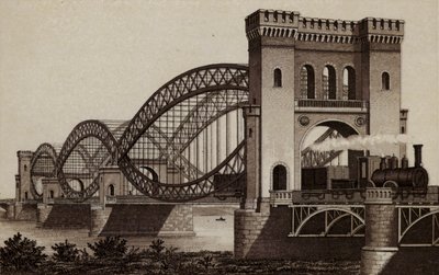 ハンブルグ。エルベ川に架かる鉄道橋（リトグラフ）。 作： German School