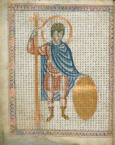 Harley 3045 fol.2 敬虔な皇帝ルイ 1 世、十字架と盾を持っている、「De Laudibus Sancte Crucis」、c.1170-79 (ベラム) から 作： German School