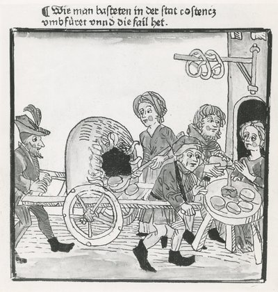 パンケーキとプレッツェルのホーカー、1417年のコンスタンツ評議会、インキュナブラ後、c.1485（紙にペンとインク） 作： German School
