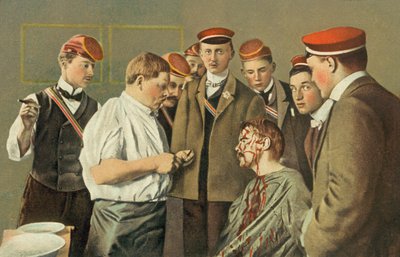 サーベルの決闘で負傷したハイデルベルク大学の学生（カラーリトグラフ） 作： German School