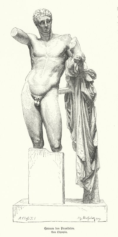 オリンピアのヘラ神殿跡で発見された古代ギリシャの彫刻家、プラクシテレスによる「ヘルメスと幼いディオニュソス」像（彫刻作品 作： German School
