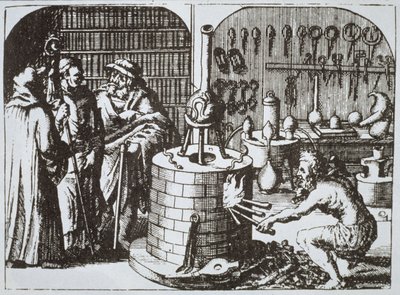 19世紀後半に出版された魔法の歴史に描かれているマイケル・マイヤー（1625）による博物館ハーメティクムのハーメティック哲学者と錬金術師 作： German School