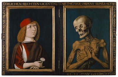HieronymusTscheckenbürlinand the Personification of Death、1487（ライムウッドの混合技法） 作： German School