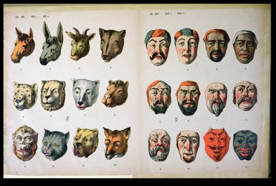 人間と動物のカーニバルマスク、Mannebach、チューリンゲン、ドイツ、c.1865のメーカーカタログのページ 作： German School