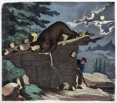 高山の森の熊を殺そうとするハンター。フランツ・ヴィーデマンのドイツの物語「Wenn Jemand eine Reise thut, so kann er was erzahlen」では 作： German School
