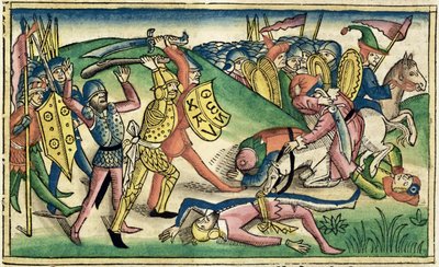 I Kings 15 16ニュルンベルク聖書（Biblia Sacra Germanaica）からのAsaとBaashaの間の戦争（色の木版画） 作： German School