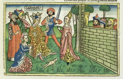 I Kings 3 16-28ニュルンベルク聖書（Biblia Sacra Germanaica）からのソロモンの審判（色の木版画） 作： German School