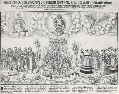 教皇の致命的な働きに対して神の助けを求めるマルティン・ルターの賛美歌のイラスト 作： German School
