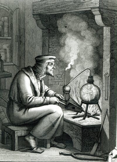 1854年のホムンクルスを作成するメフィストフェレスを描いたゲーテスファウストのイラスト 作： German School