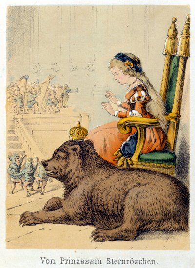 フランツ・ホフマンの物語「物語と寓話 - Von Prinzessin Sternr¿schen」のイラスト：熊の王様のそばにいるお姫様。19世紀のクロモリトグラフ。 作： German School