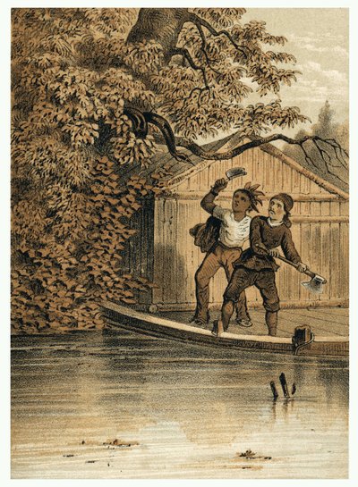 ヨーロッパ人によるアマゾン川の征服の様子を描いたイラスト。「De Bootslieden der Amazon-River」、Karl Muller、オランダ 作： German School