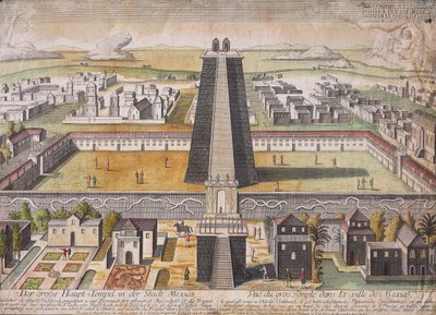 メキシコシティの主神殿（テンプロ・マヨール）の想像復元図（彩色彫刻 作： German School