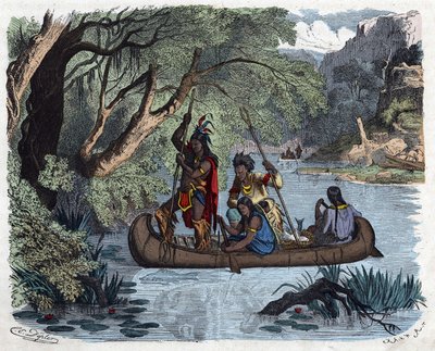 アメリカの川でカヌーに乗って釣りをするインディアンたち。フランツ・ヴィーデマンのドイツの物語「Wenn Jemand eine Reise thut, so kann er was erzahlen（誰かが旅をすると、これが彼の伝えることができる）」では 作： German School