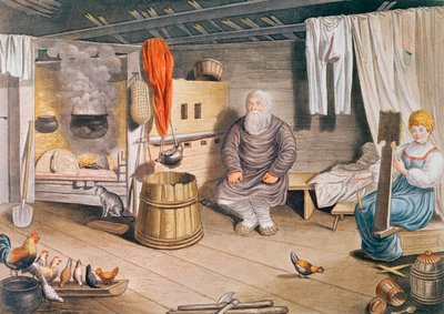 1820年にライプツィヒで公開されたロシアのイズバの内部 作： German School