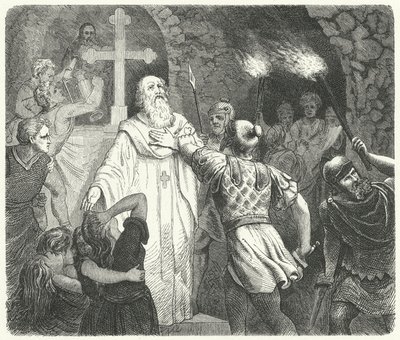 ローマのカタコンベの中でキリスト教の礼拝を中断している様子（彫刻 作： German School