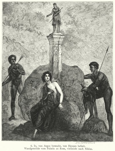 女神ヘラの命によりアルグス・パノプテスに守られているイオを、ゼウスが彼女を誘拐するために送り込んだヘルメスが見張っている、ローマ時代の壁画（彫刻作品 作： German School