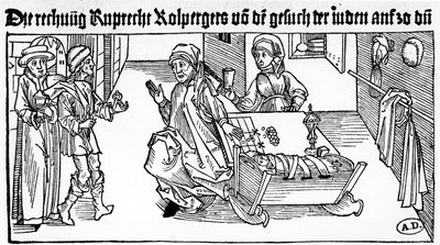 ユダヤ人のMoneylenderと彼の家族が顧客を受け入れること、1491年（木の彫刻） 作： German School