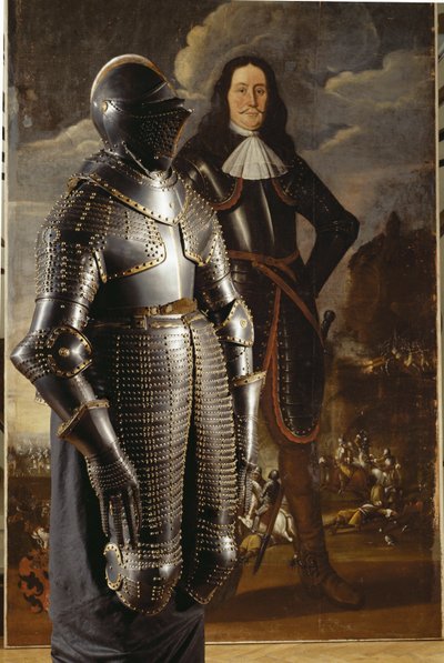 ヨハン・シュポルク伯爵の肖像画の前に立つ36キロの鎧。 作： German School
