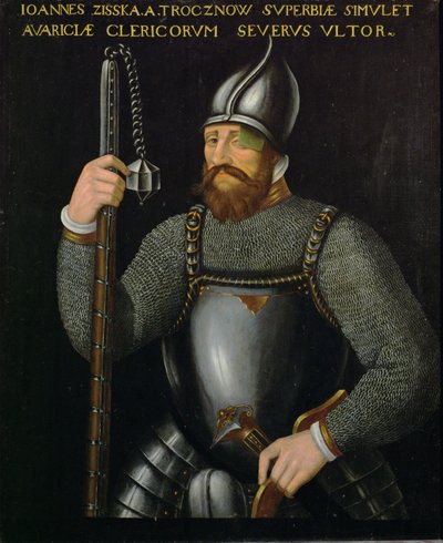 ヨハン・ジスカ・フォン・トロクノフは、ボヘミアのフス派とターボル派の指導者で、1420年と1422年に帝国軍との2度の戦いに勝利した。 作： German School
