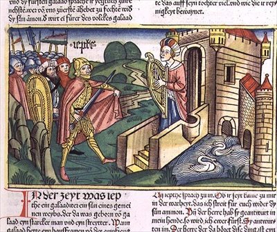 士師記 11 29-40 父に挨拶するエフタの娘（「ニュルンベルクの聖書（Bibal Sacra Germanaica）」より）（彩色木版画 作： German School