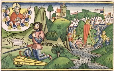 裁判官6 36ギデオンは、ニュルンベルク聖書（Biblia Sacra Germanaica）（色の木版画）からフリースを出します 作： German School
