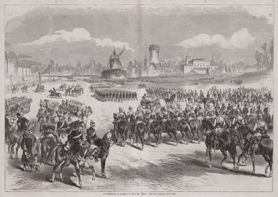 1871年3月、フランス・パリのロンシャンで軍隊のパレードを見守るドイツのカイザー・ウィルヘルム1世（エングレービング 作： German School