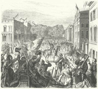 1848年3月21日、暴動で死亡した民間人の大規模な葬儀に出席するため、ベルリン大学の前を走るプロイセン王フリードリヒ・ウィリアム4世（エングレーヴィング）。 作： German School