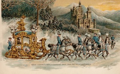 黄金のそりでノイシュヴァンシュタイン城に向かうバイエルン王ルートヴィヒ2世（クロモリト製） 作： German School